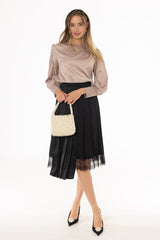 Black Pleated Lace Trimmed Skirt