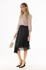 Black Pleated Lace Trimmed Skirt