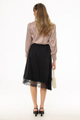 Black Pleated Lace Trimmed Skirt