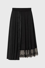 Black Pleated Lace Trimmed Skirt