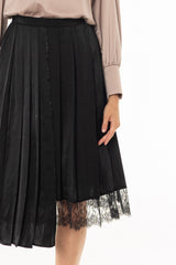 Black Pleated Lace Trimmed Skirt
