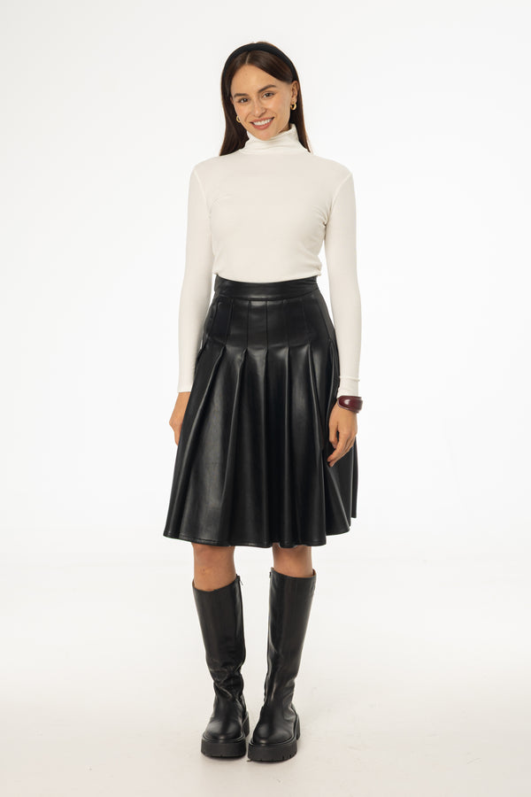 Black Pleated Leather Skirt