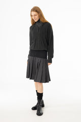 Grey Pinstripe Pleated Denim Skirt