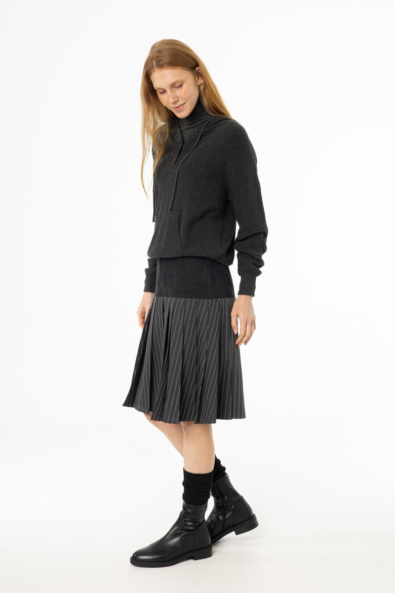 Grey Pinstripe Pleated Denim Skirt