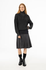 Grey Pinstripe Pleated Denim Skirt
