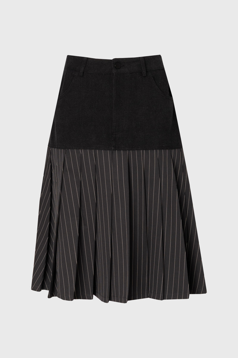 Grey Pinstripe Pleated Denim Skirt