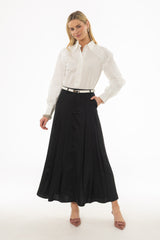 Black Pleated Satin Maxi Skirt