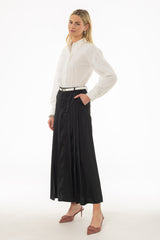 Black Pleated Satin Maxi Skirt