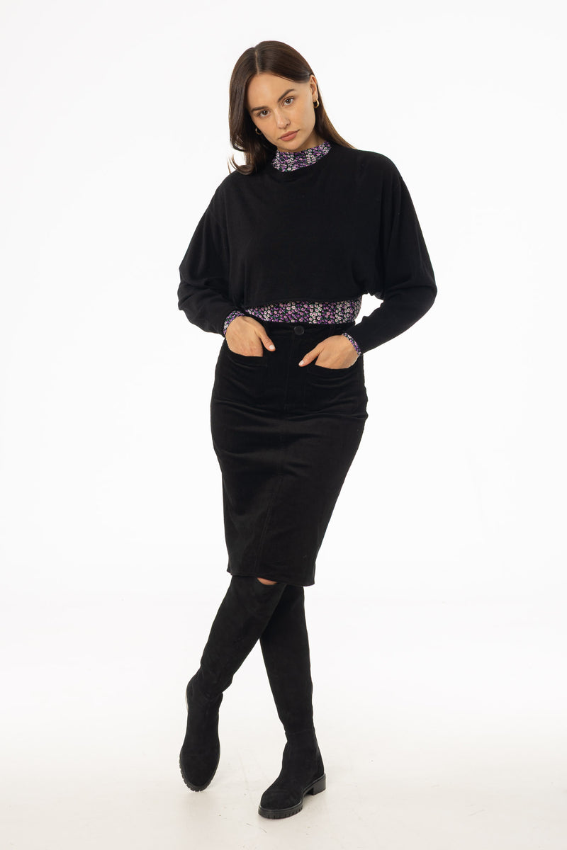 Black Pocket Corduroy Pencil Skirt