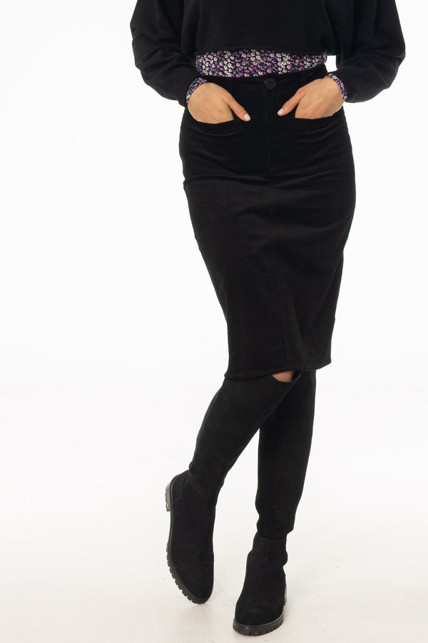 Black Pocket Corduroy Pencil Skirt