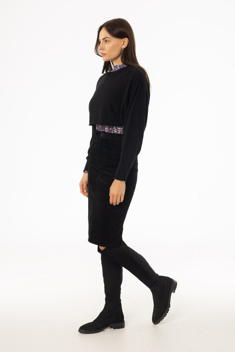 Black Pocket Corduroy Pencil Skirt