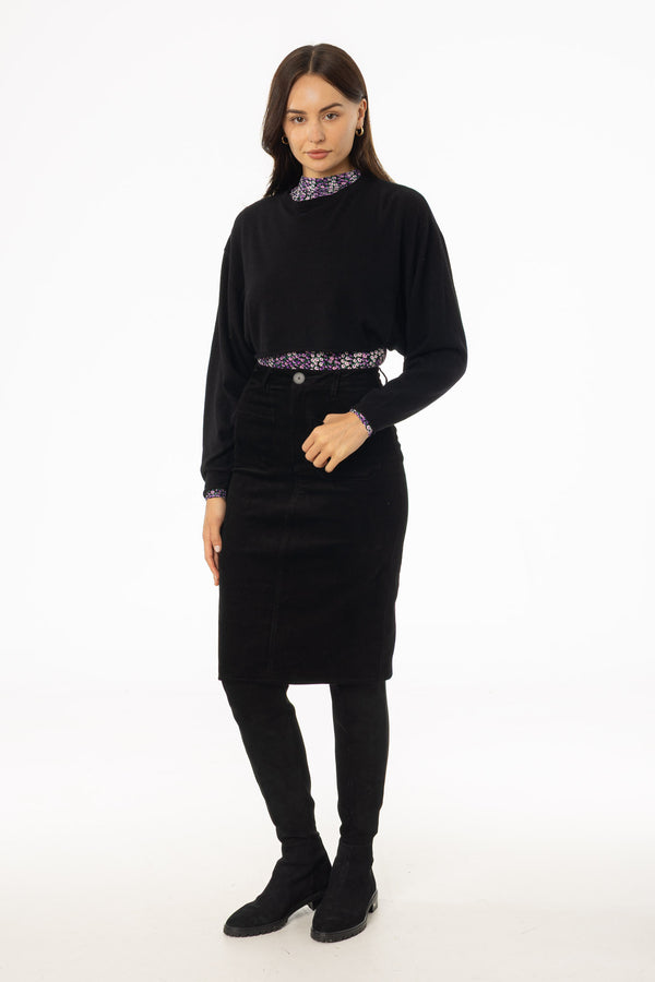Black Pocket Corduroy Pencil Skirt