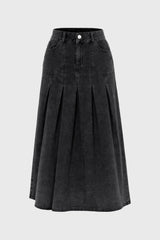 Black Pocket Pleated Denim Skirt