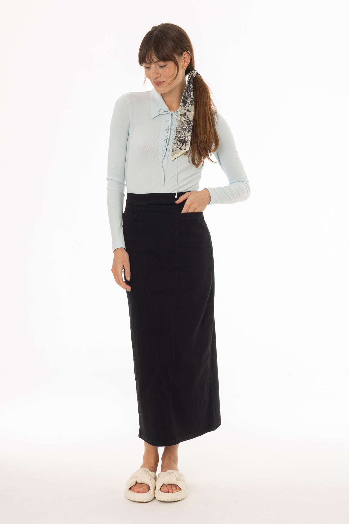 Black Pocket Stretch Denim Maxi Skirt – BLANK