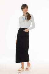 Black Pocket Stretch Denim Maxi Skirt