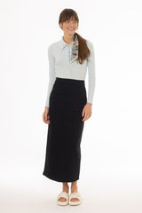 Black Pocket Stretch Denim Maxi Skirt