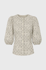 Black Print Puff Sleeve Button Down Blouse