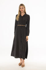 Black Printed Waisted Maxi Dress
