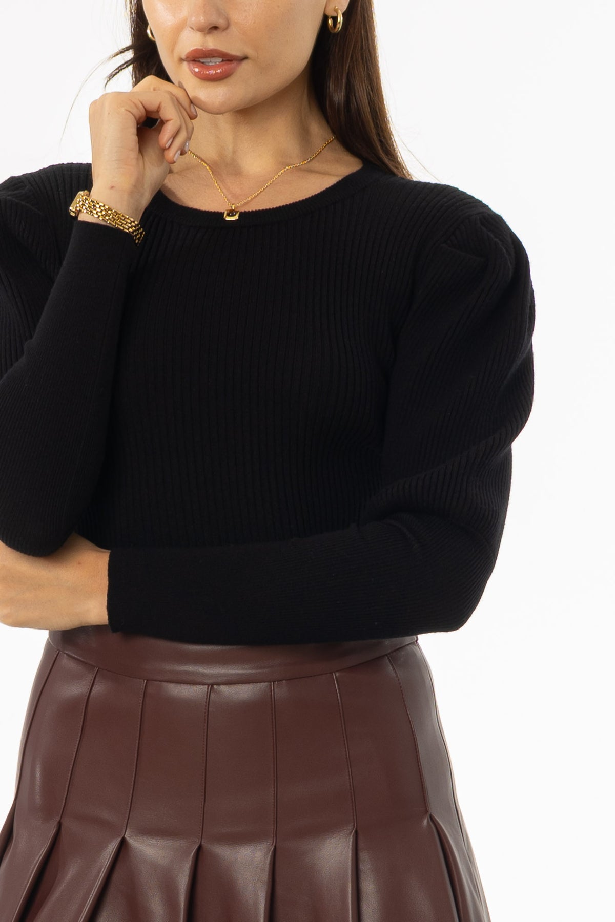 Black Puff Sleeve Knit Sweater Top – BLANK