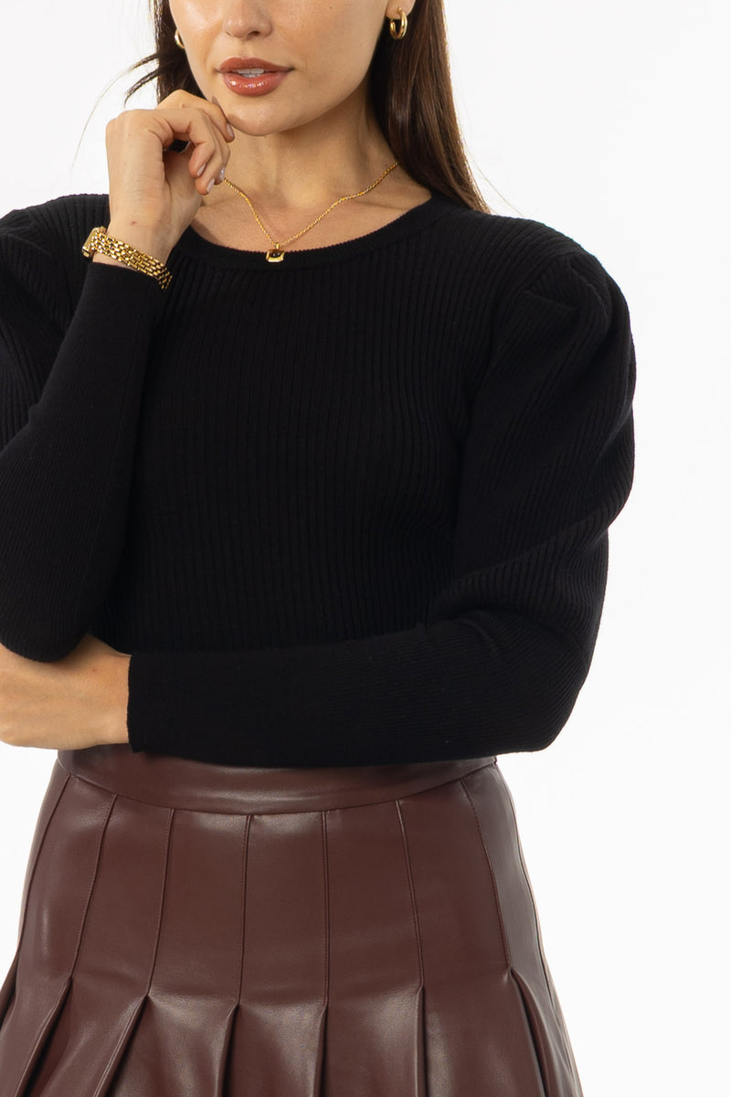 Black Puff Sleeve Knit Sweater Top