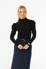 Black Puff Sleeve Knit Turtleneck Sweater