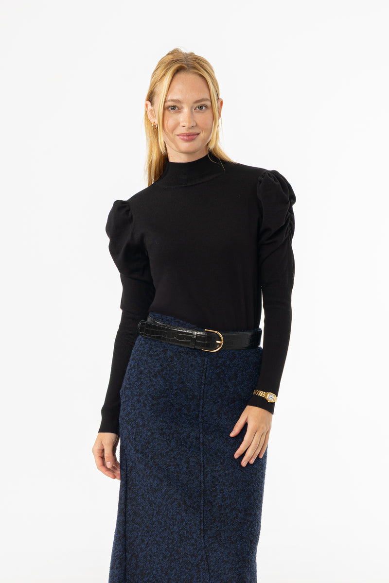 Black Puff Sleeve Knit Turtleneck Sweater