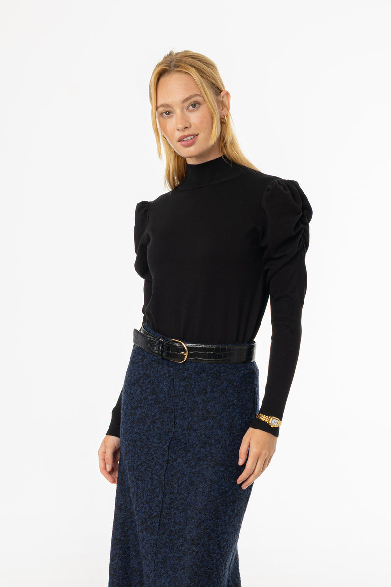 Black Puff Sleeve Knit Turtleneck Sweater