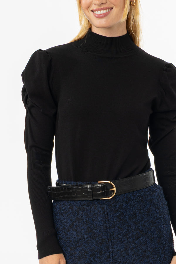 Black Puff Sleeve Knit Turtleneck Sweater