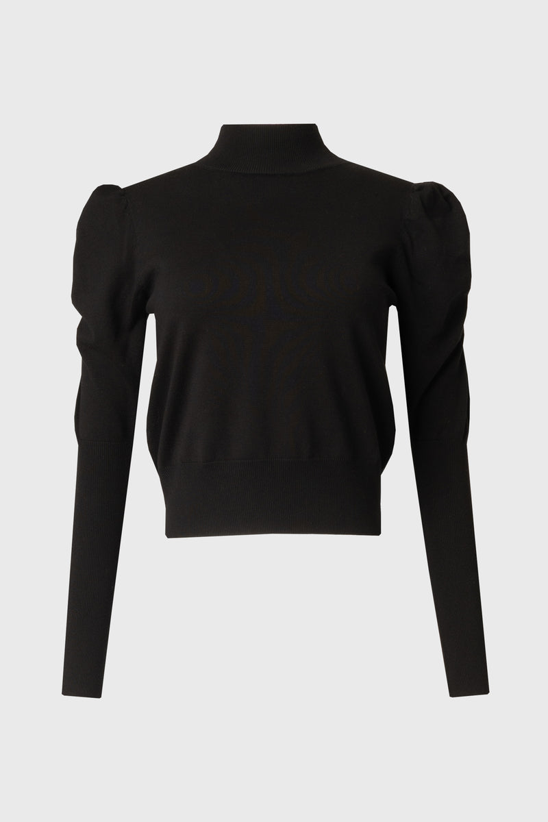 Black Puff Sleeve Knit Turtleneck Sweater