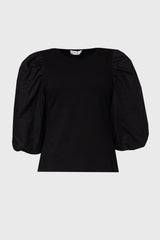 Black Puff Sleeve Mixed Fabric Tee