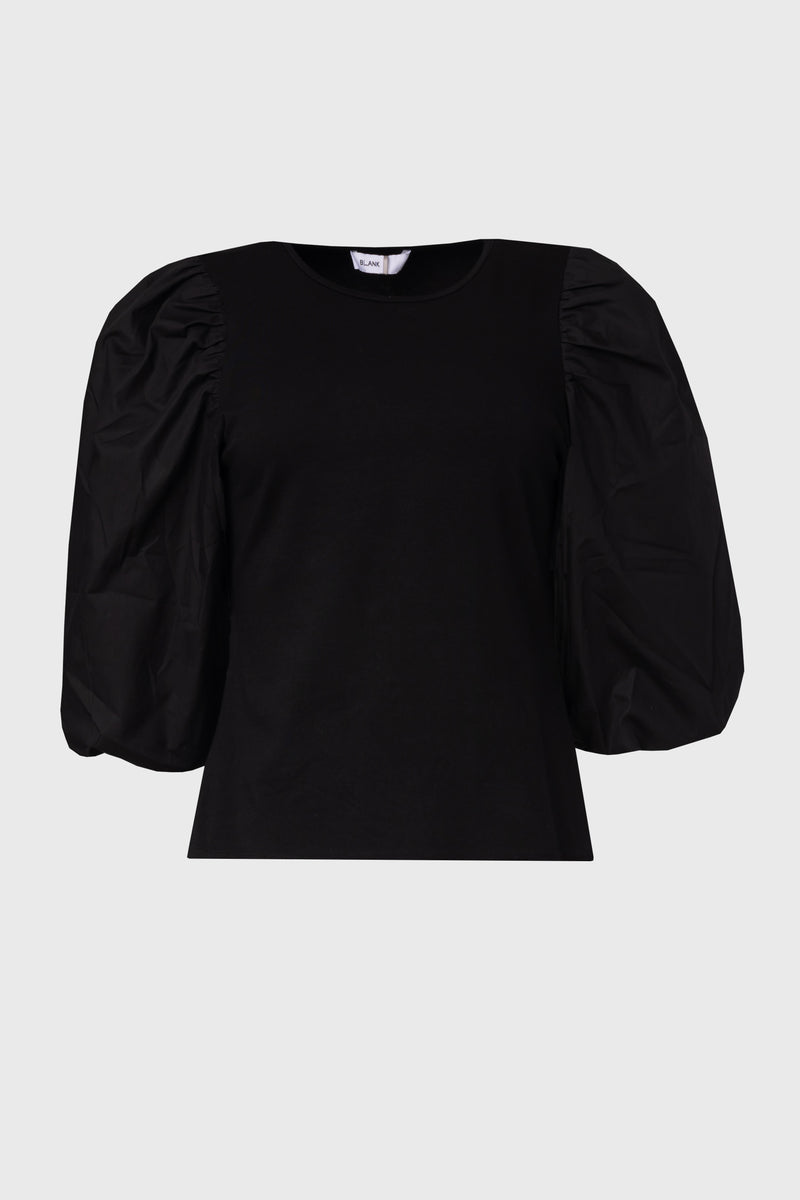 Black Puff Sleeve Mixed Fabric Tee