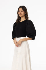 Black Puff Sleeve Mixed Fabric Tee