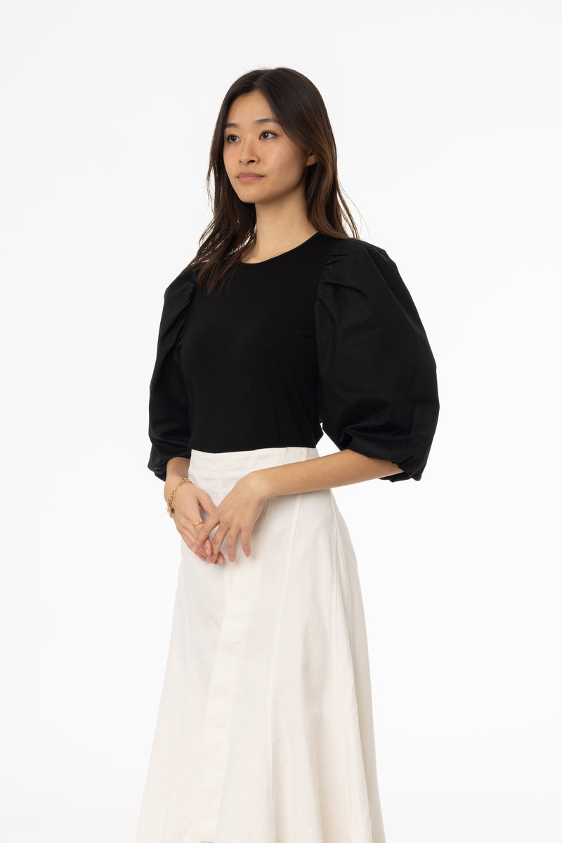 Black Puff Sleeve Mixed Fabric Tee