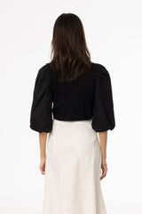 Black Puff Sleeve Mixed Fabric Tee