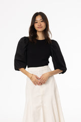 Black Puff Sleeve Mixed Fabric Tee