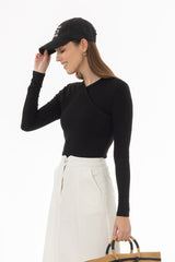 Black Ribbed Faux Wrap T-Shirt