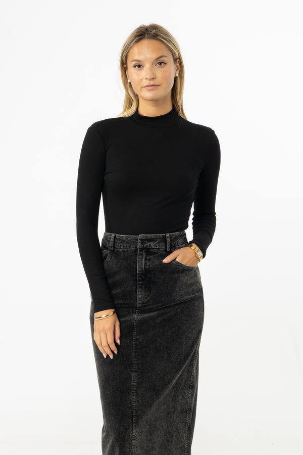 Black Ribbed Mock Neck Top