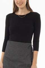 Black Ribbed Round Neck 3/4 Sleeve T-Shirt