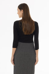 Black Ribbed Round Neck 3/4 Sleeve T-Shirt