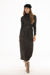 Black Sparkle Ribbed Turtleneck Maxi Dress