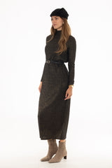 Black Sparkle Ribbed Turtleneck Maxi Dress