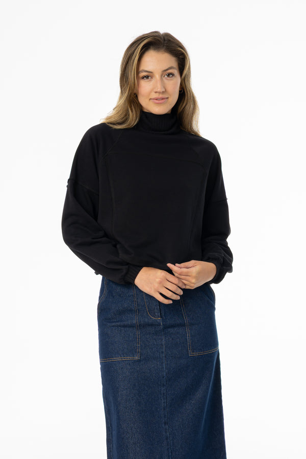 Black Ribbed Turtleneck Sweatshirt
