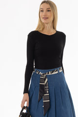 Black Ribbed V-Neck Long Sleeve T-Shirt