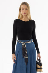 Black Ribbed V-Neck Long Sleeve T-Shirt