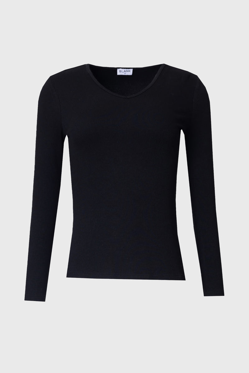 Black Ribbed V-Neck Long Sleeve Tee