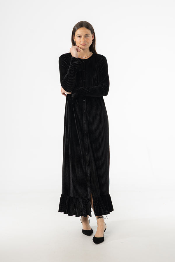 Black Ribbed Velour Dress