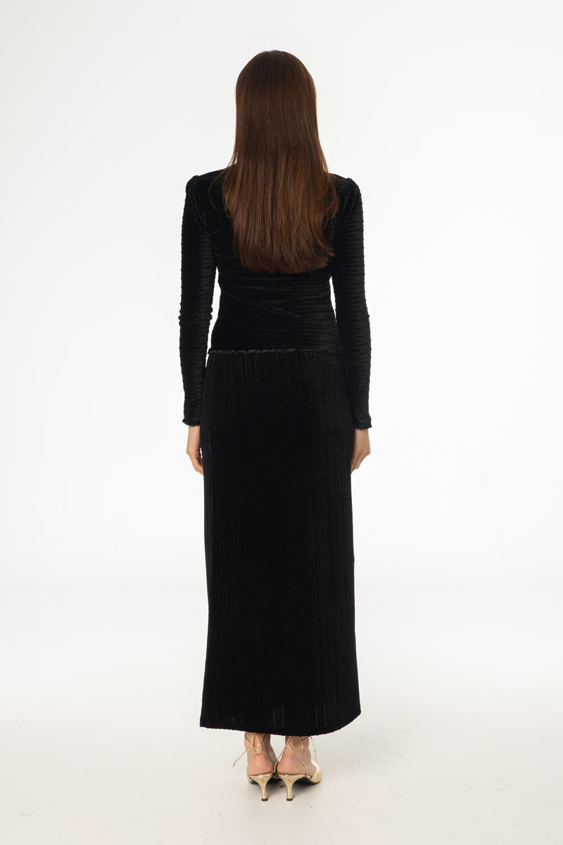 Black Ruched Velvet Skirt