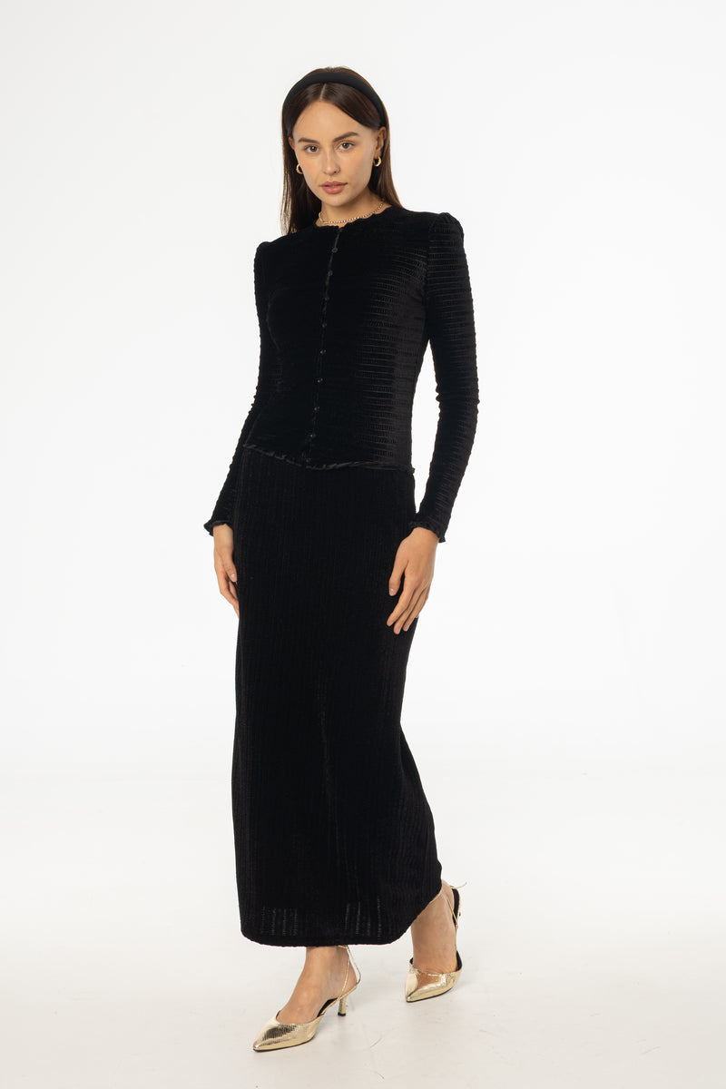 Black Ruched Velvet Skirt – BLANK