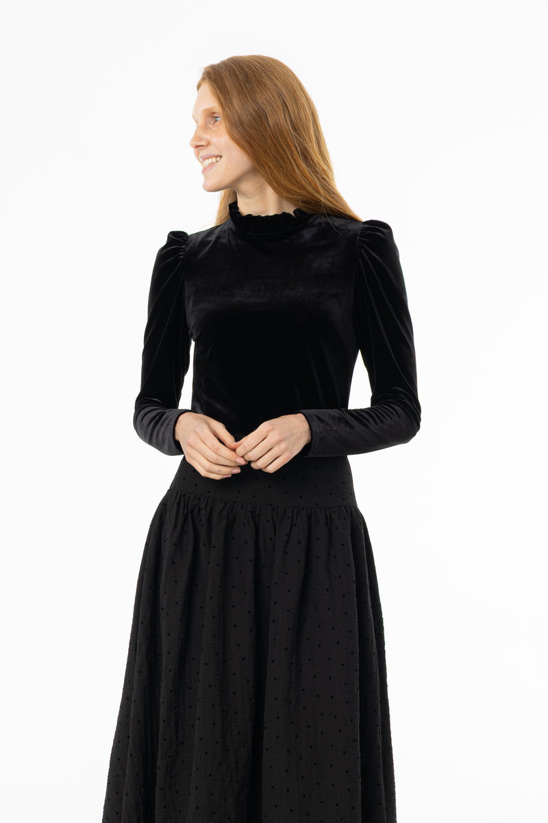 Black Ruffle Collar Velvet Top