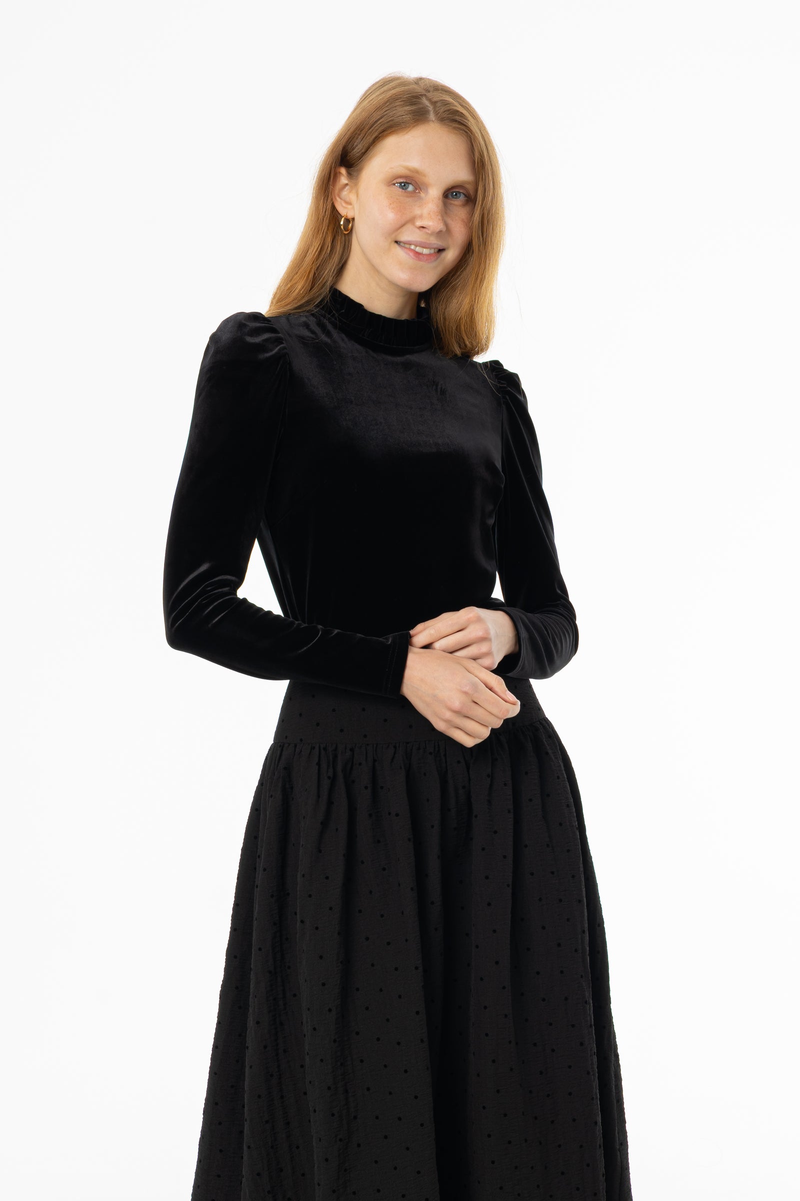 トップス Velour frill tops AM1859 Black Ruffle Collar Velvet Top – BLANK